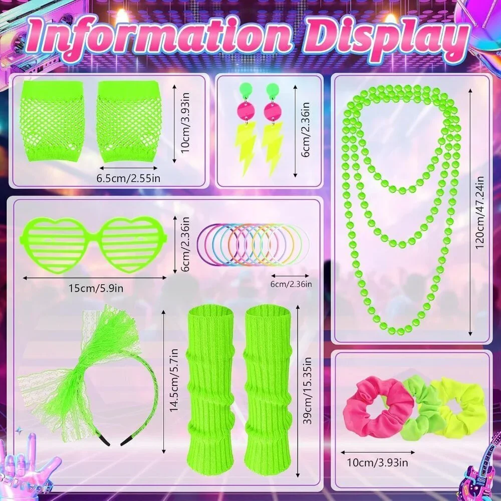 80s Costume Accessories Set Neon Headband Fishnet Gloves Leg Warmers
